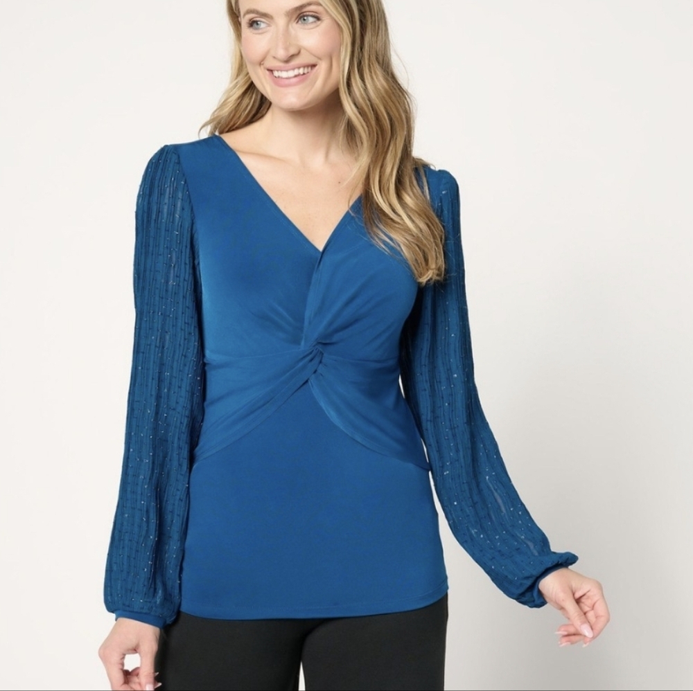 Susan Graver Blue Twist-Front V-Neck Top with Sheer Beaded Sleeves